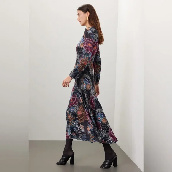 FARM Rio Blue Floral Dot Print Satin Maxi Dress - Long Sleeve, Size S - Picture 5 of 16